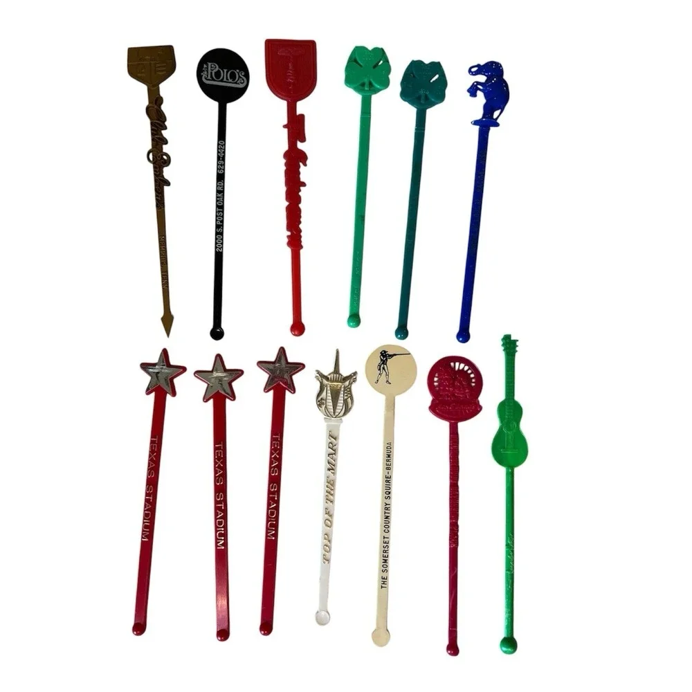 Lot Of 13 Vintage Plastic Souvenir Swizzle Sticks TX Stadium, Polo's, Cork Club